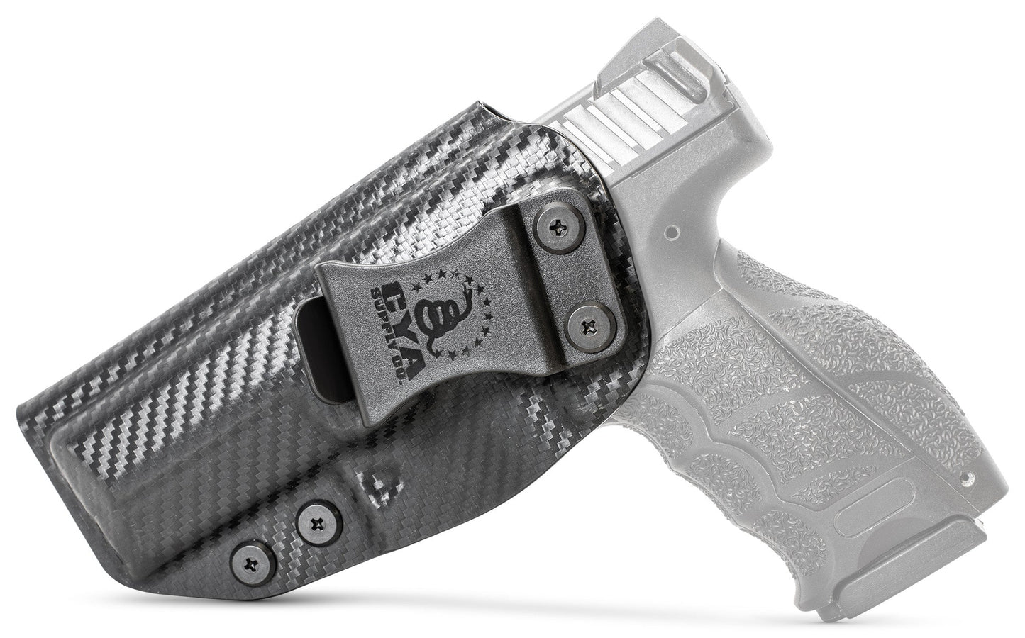 CYA carbon steel Base IWB holster with a black clip on a black hk vp9 handgun