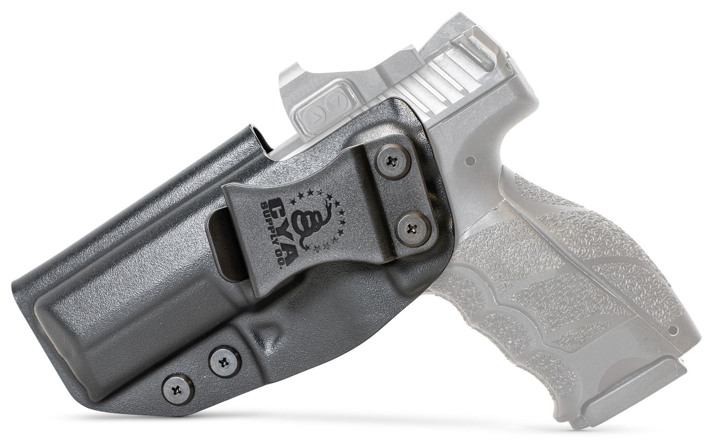 CYA black Base IWB holster with a black clip on a black hk vp9 handgun