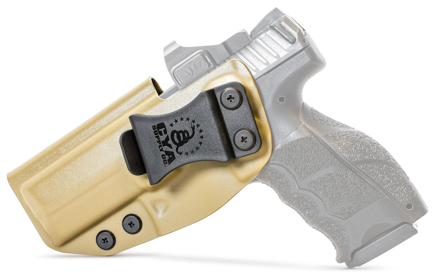 CYA flat dark earth Base IWB holster with a black clip on a black hk vp9 handgun
