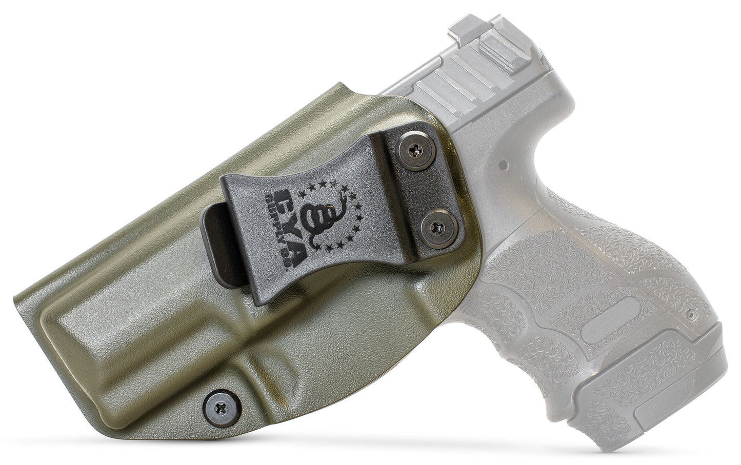 CYA od green Base IWB holster with a black clip on a black hk vp9sk handgun