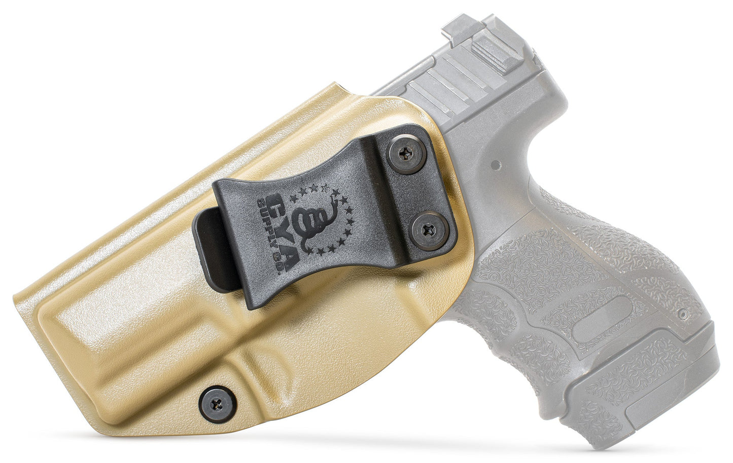 CYA flat dark earth Base IWB holster with a black clip on a black hk vp9sk handgun