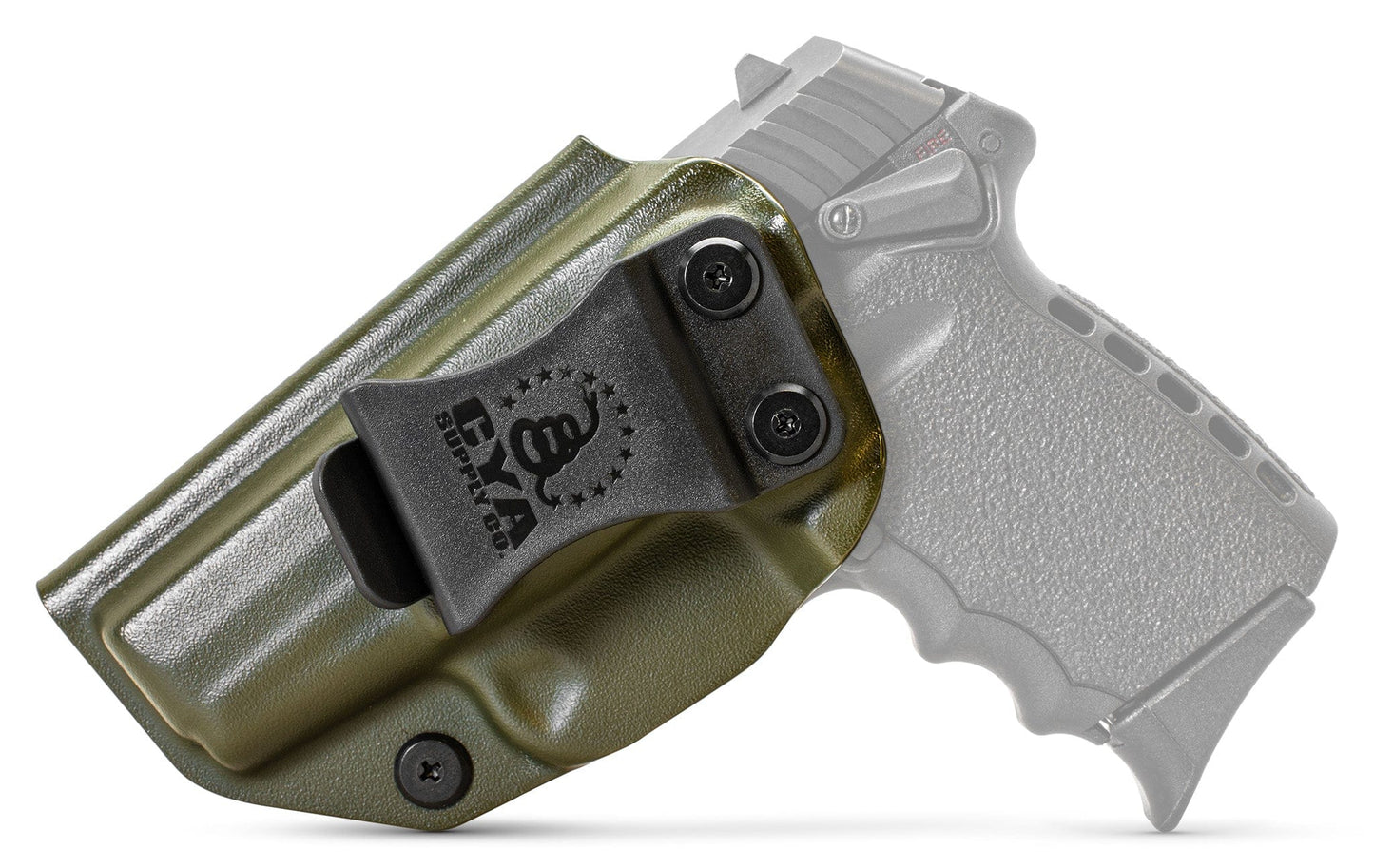 CYA XCarry Holster in od green with a black clip on a black SCCY SPX 1 handgun