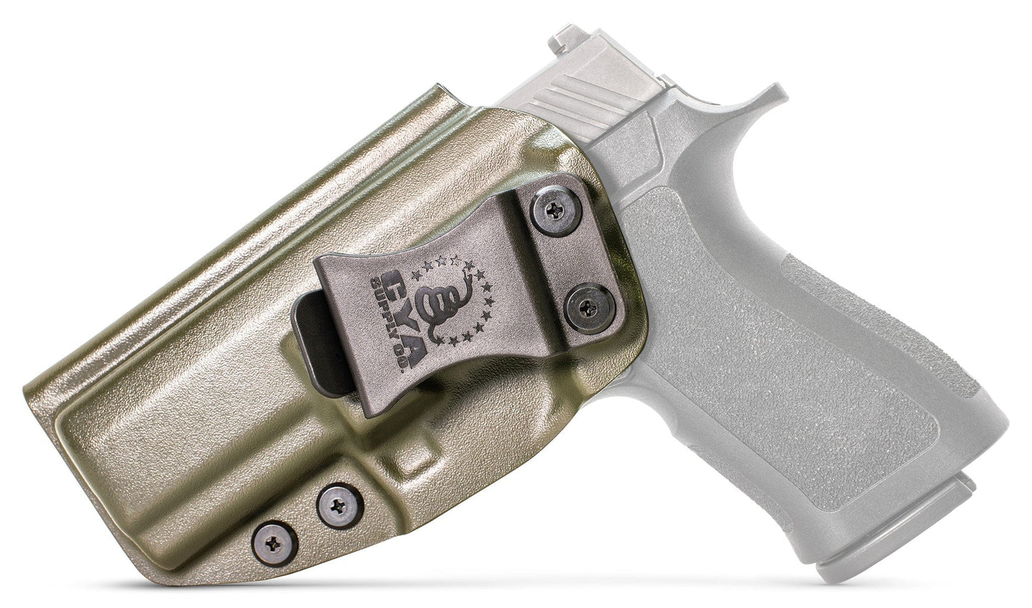 CYA XCarry Holster in od green with a black clip on a black Sig Sauer P320 handgun