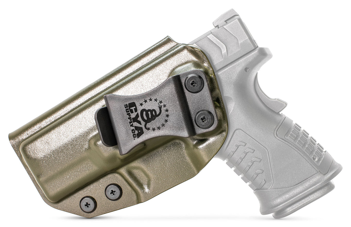 3.8" COMPACT OSP Holster in OD green with a black clip on a black Springfield XD-M ELITE handgun