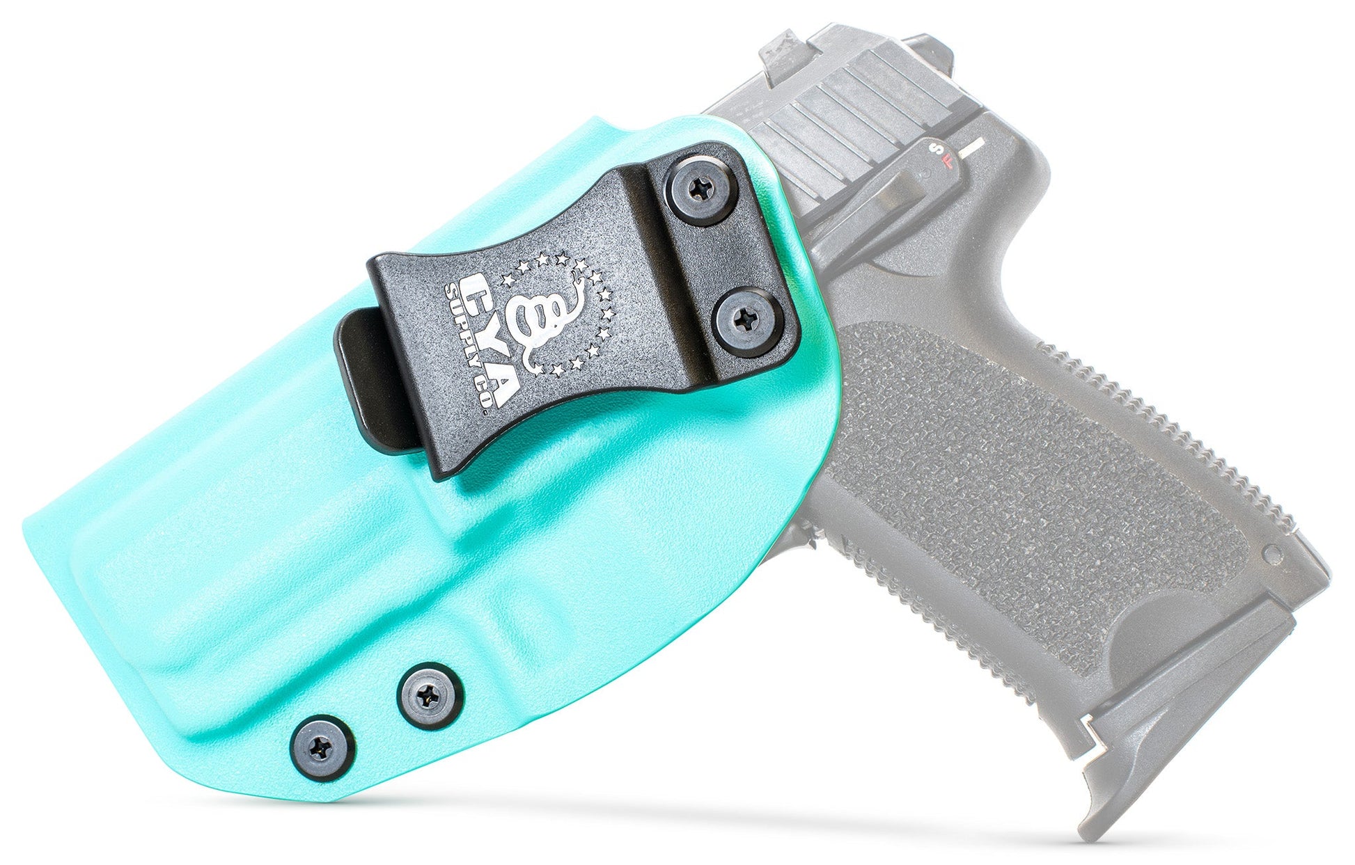 CYA teal blue Base IWB holster with a black clip on a black hk usp 40 compact handgun