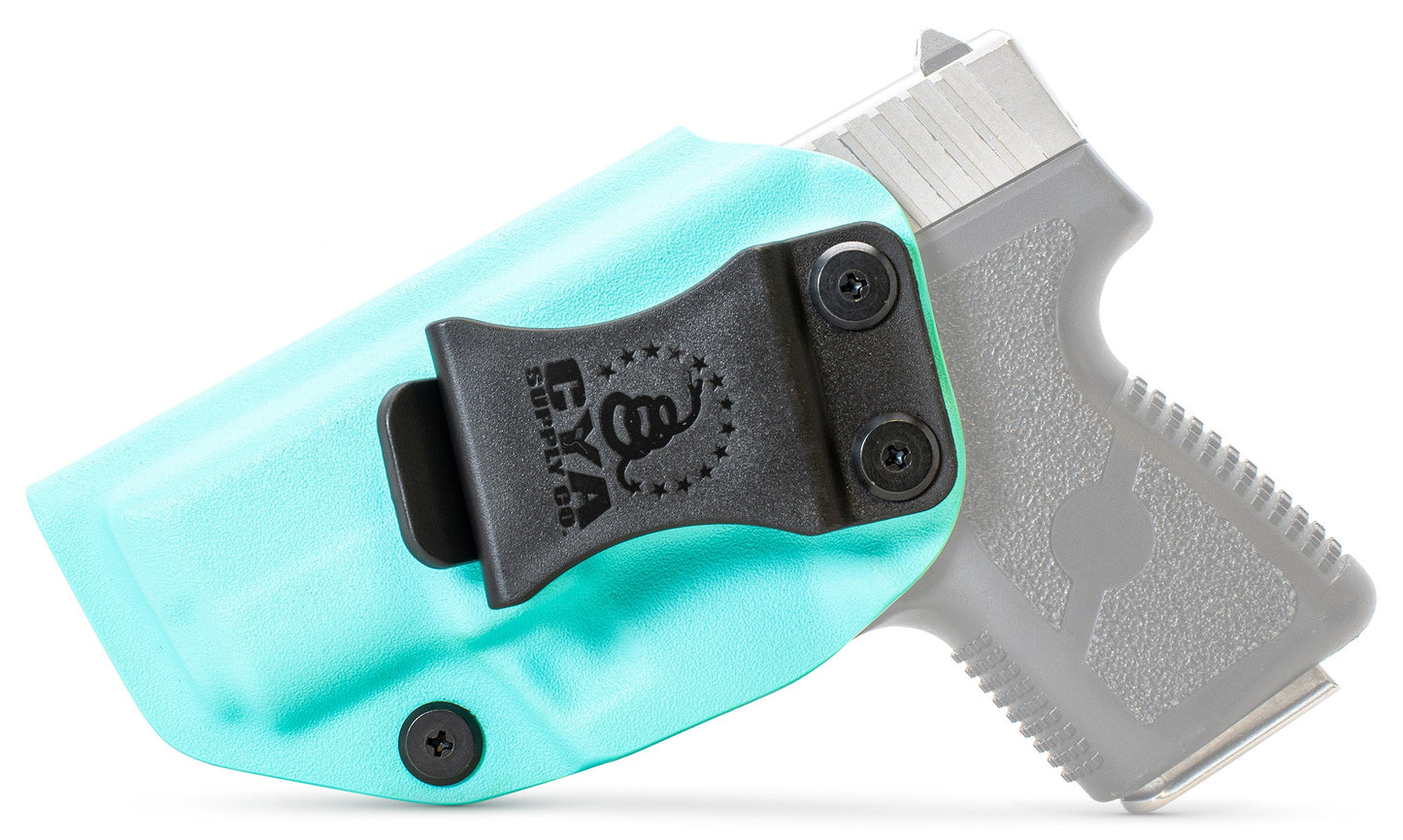 CYA teal blue Base IWB holster with a black clip on a black kahr pm9 handgun