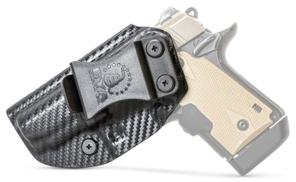 CYA carbon steel Base IWB holster with a black clip on a black and tan kahr micro 9 handgun