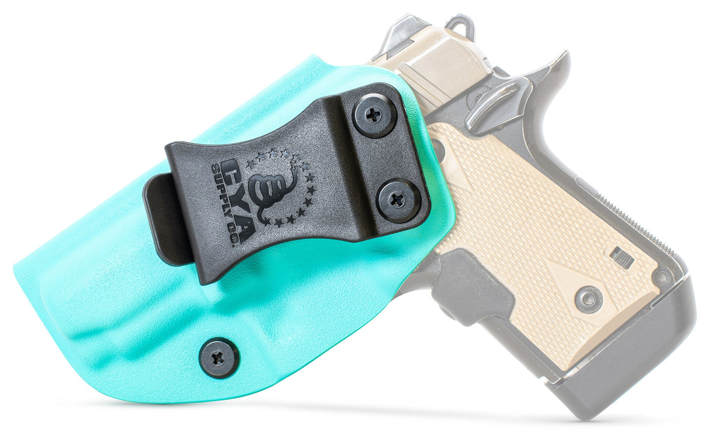 CYA teal blue Base IWB holster with a black clip on a black and tan kahr pm9 handgun