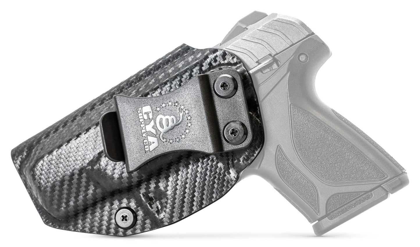 CYA XCarry Holster in carbon steel with a black clip on a black Ruger Security 380 handgun