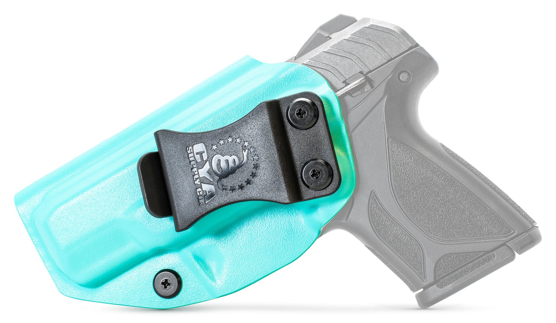 CYA XCarry Holster in teal blue with a black clip on a black Ruger Security 380 handgun