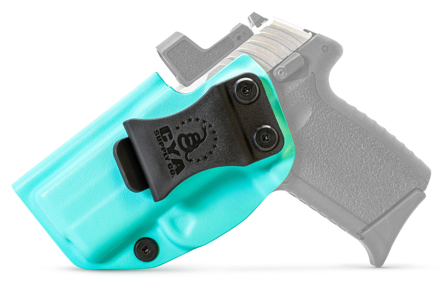 CYA Holster in teal blue with a black clip on a black sccy cpx 2 gen3 handgun