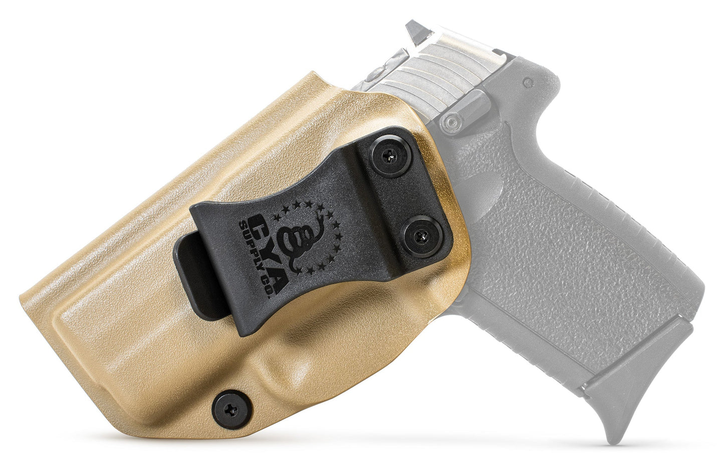 CYA Holster in flat dark earth with a black clip on a black sccy cpx 2 gen3 handgun