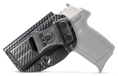 CYA Holster in carbon steel with a black clip on a black sccy cpx 2 gen3 handgun