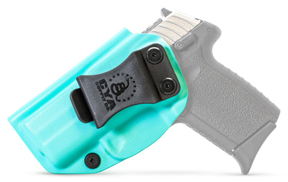 CYA Holster in teal blue with a black clip on a black sccy cpx 2 gen3 handgun