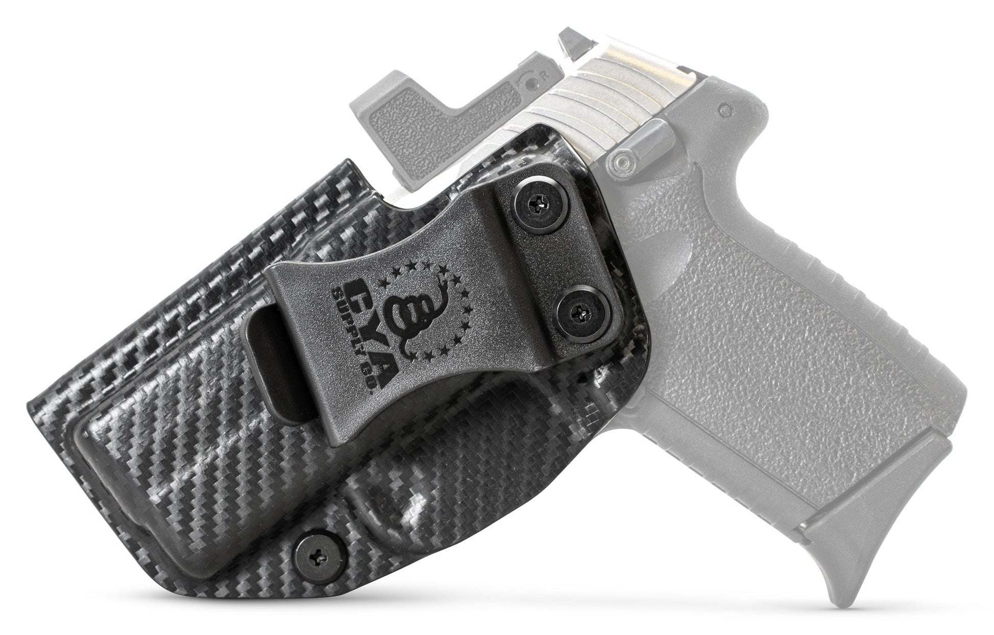 CYA Holster in carbon steel with a black clip on a black sccy cpx 2 gen3 handgun