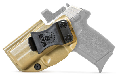 CYA Holster in flat dark earth with a black clip on a black sccy cpx 2 gen3 handgun