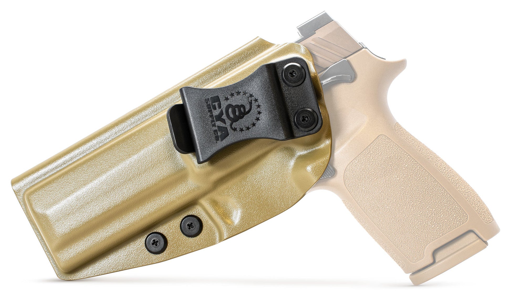 CYA Full size Holster in flat dark earth with a black clip on a tan sig sauer p320 handgun