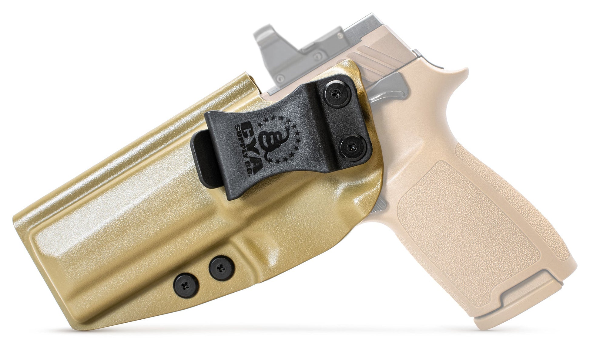 CYA Full size Holster in flat dark earth with a black clip on a tan sig sauer p320 handgun