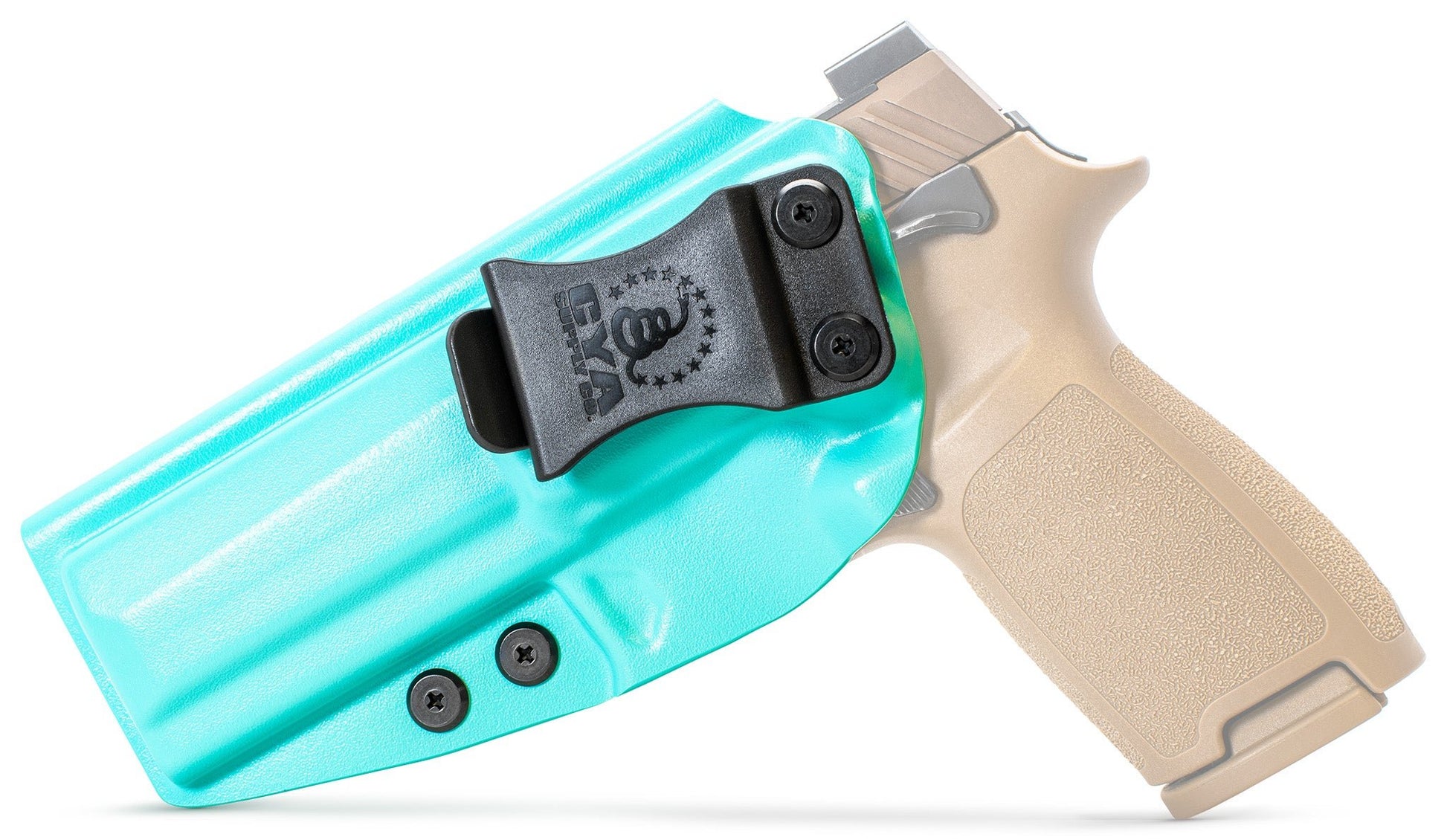 CYA Full size Holster in teal blue with a black clip on a tan sig sauer p320 handgun