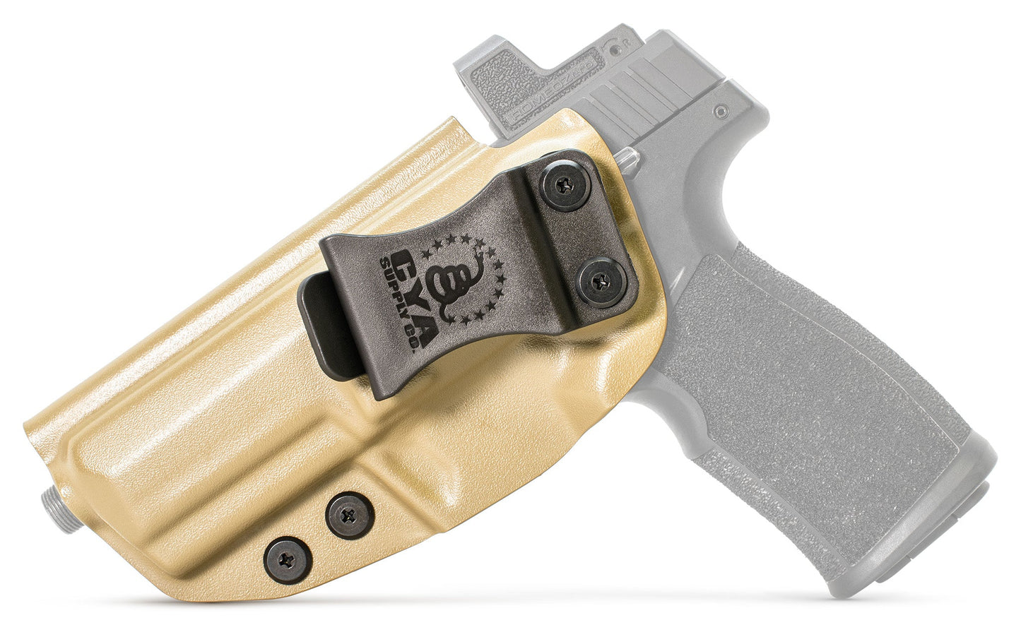 CYA XCarry Holster in flat dark earth with a black clip on a black Sig Sauer P322 handgun