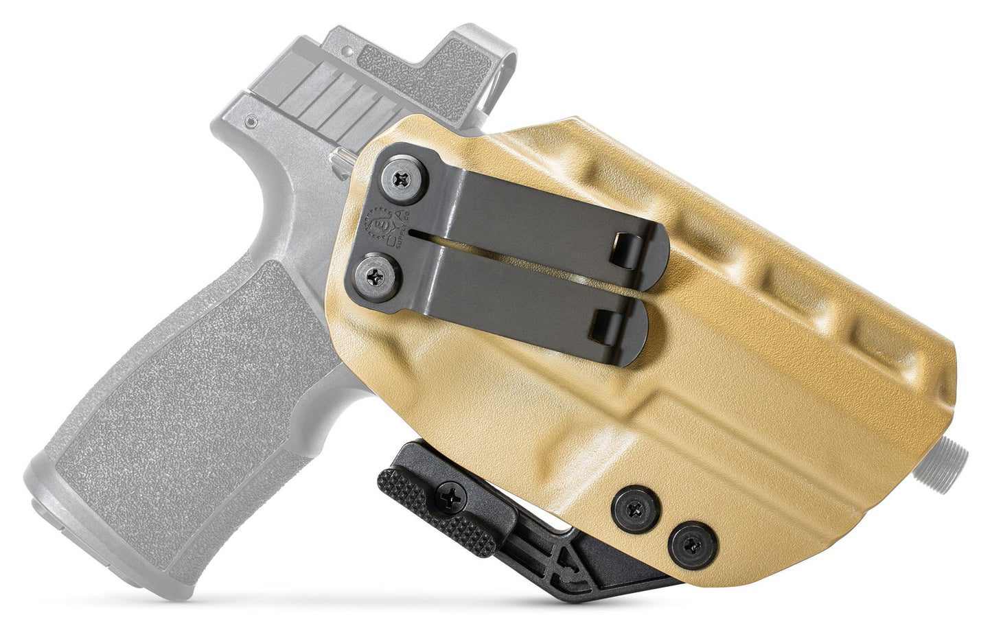 CYA Holster in flat dark earth with a black clip on a black sig sauer p322 handgun