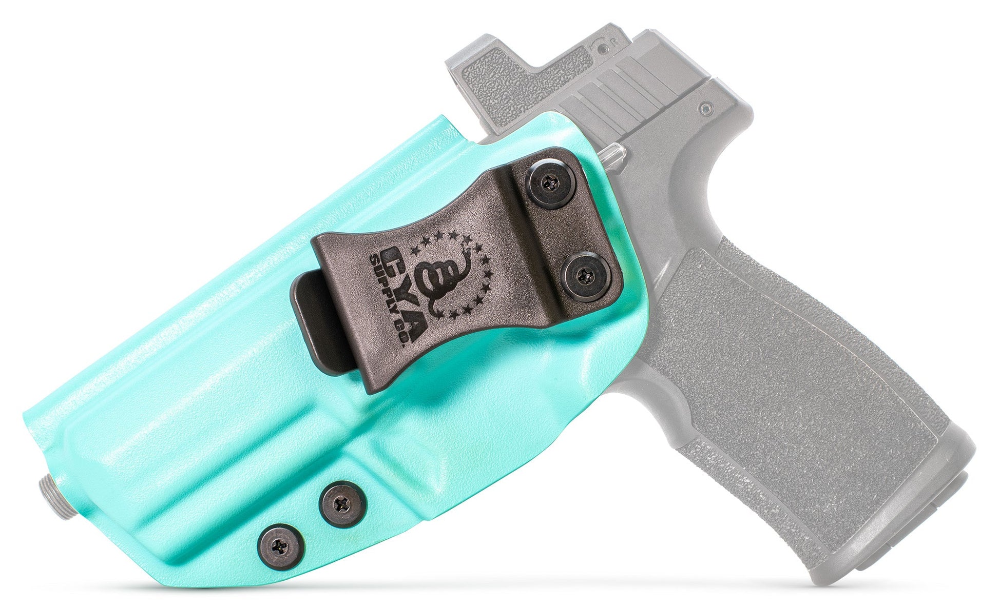 CYA XCarry Holster in teal blue with a black clip on a black Sig Sauer P322 handgun