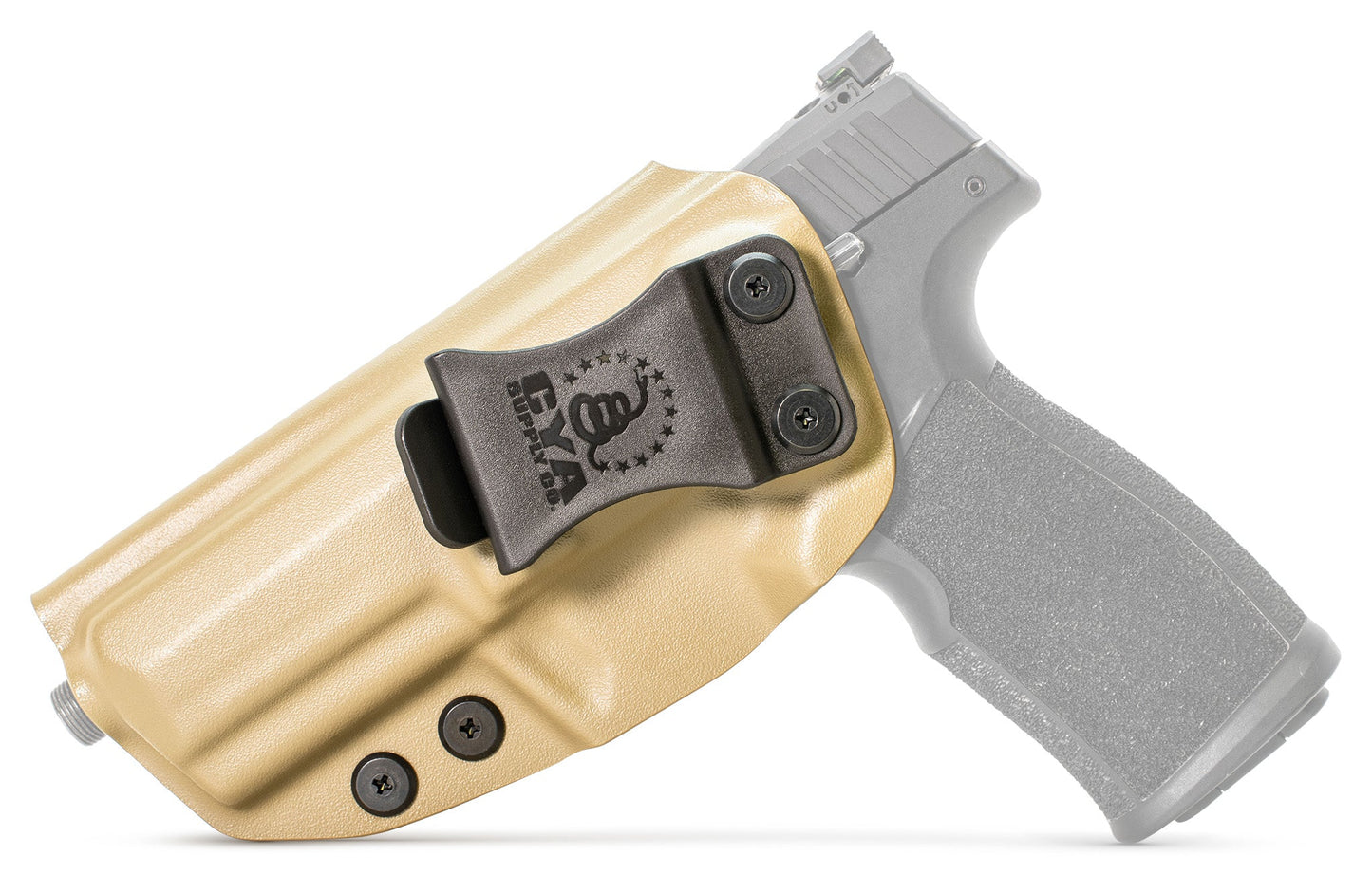 CYA XCarry Holster in flat dark earth with a black clip on a black Sig Sauer P322 handgun