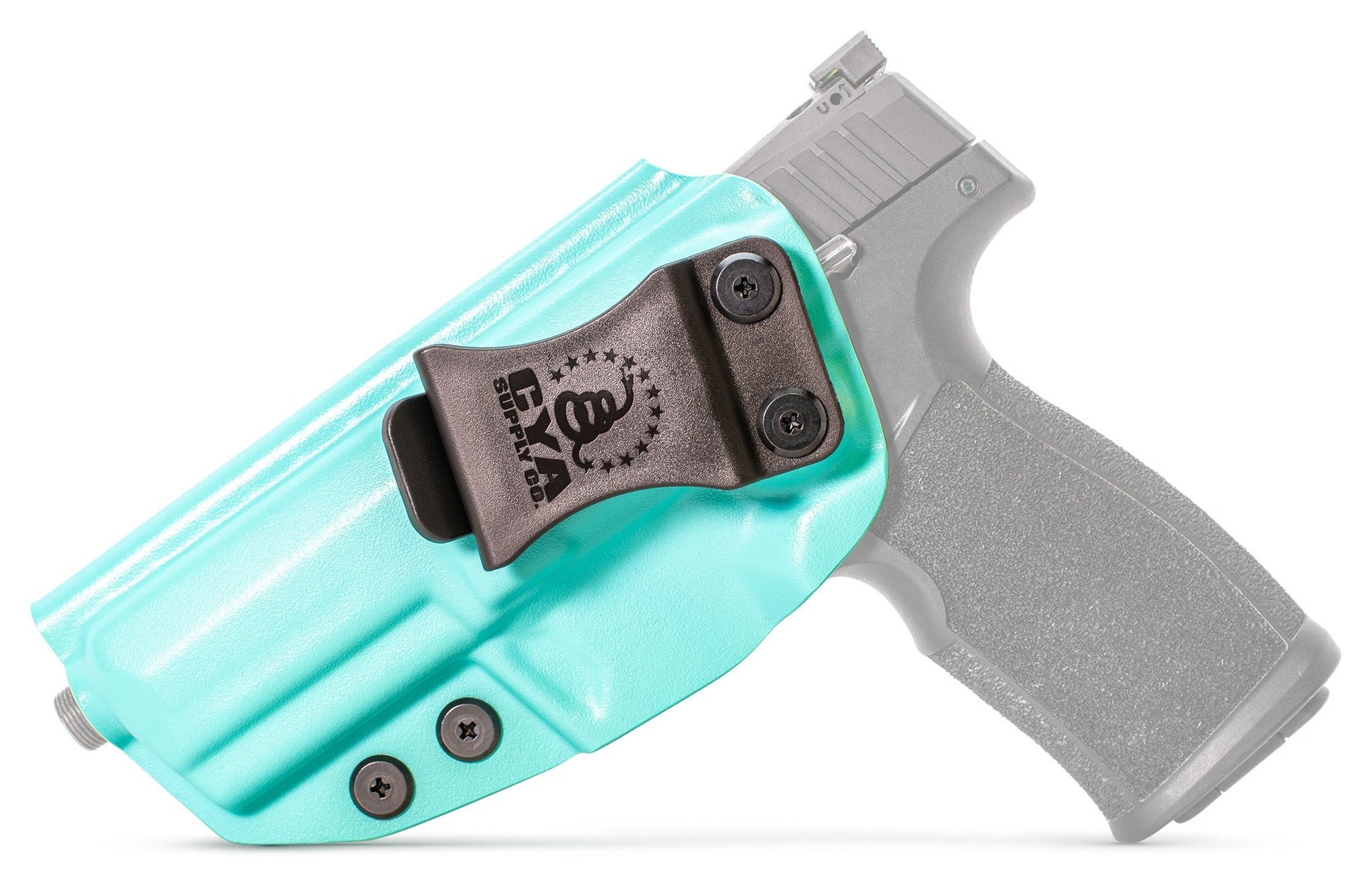 CYA XCarry Holster in teal blue with a black clip on a black Sig Sauer P322 handgun