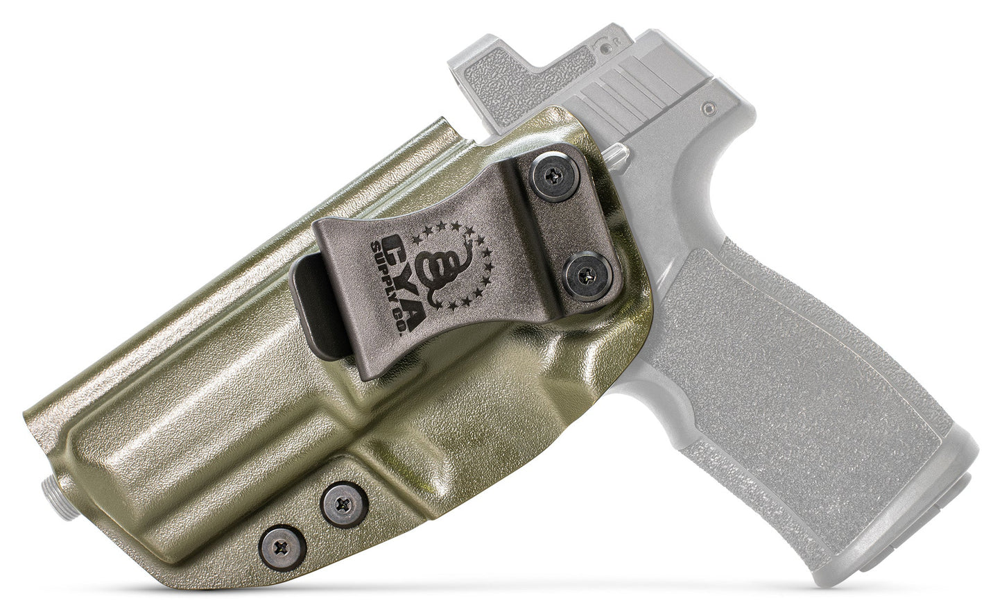 CYA XCarry Holster in od green with a black clip on a black Sig Sauer P322 handgun