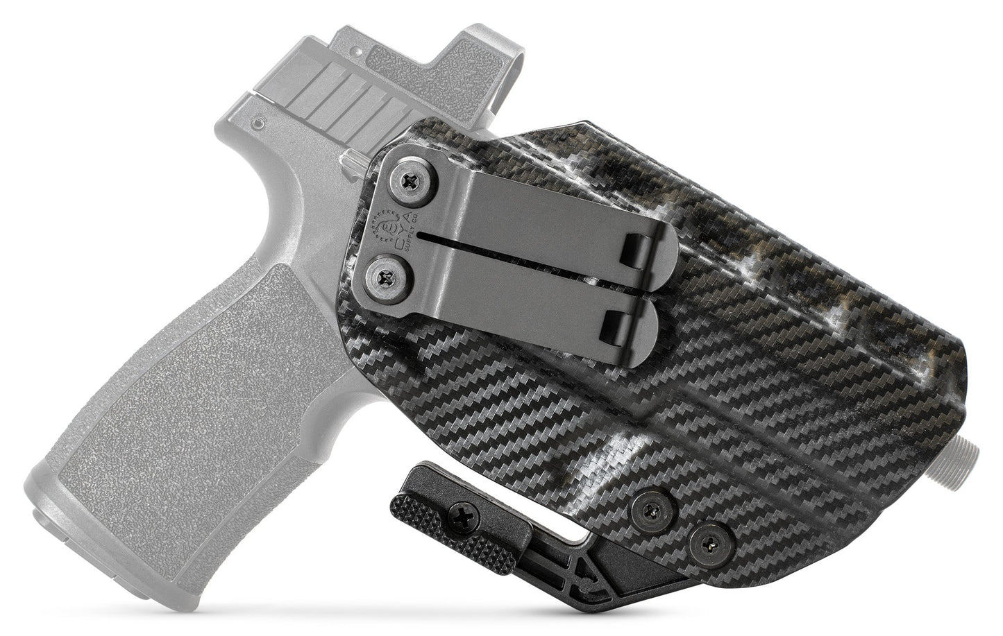 CYA Holster in carbon steel with a black clip on a black sig sauer p322 handgun