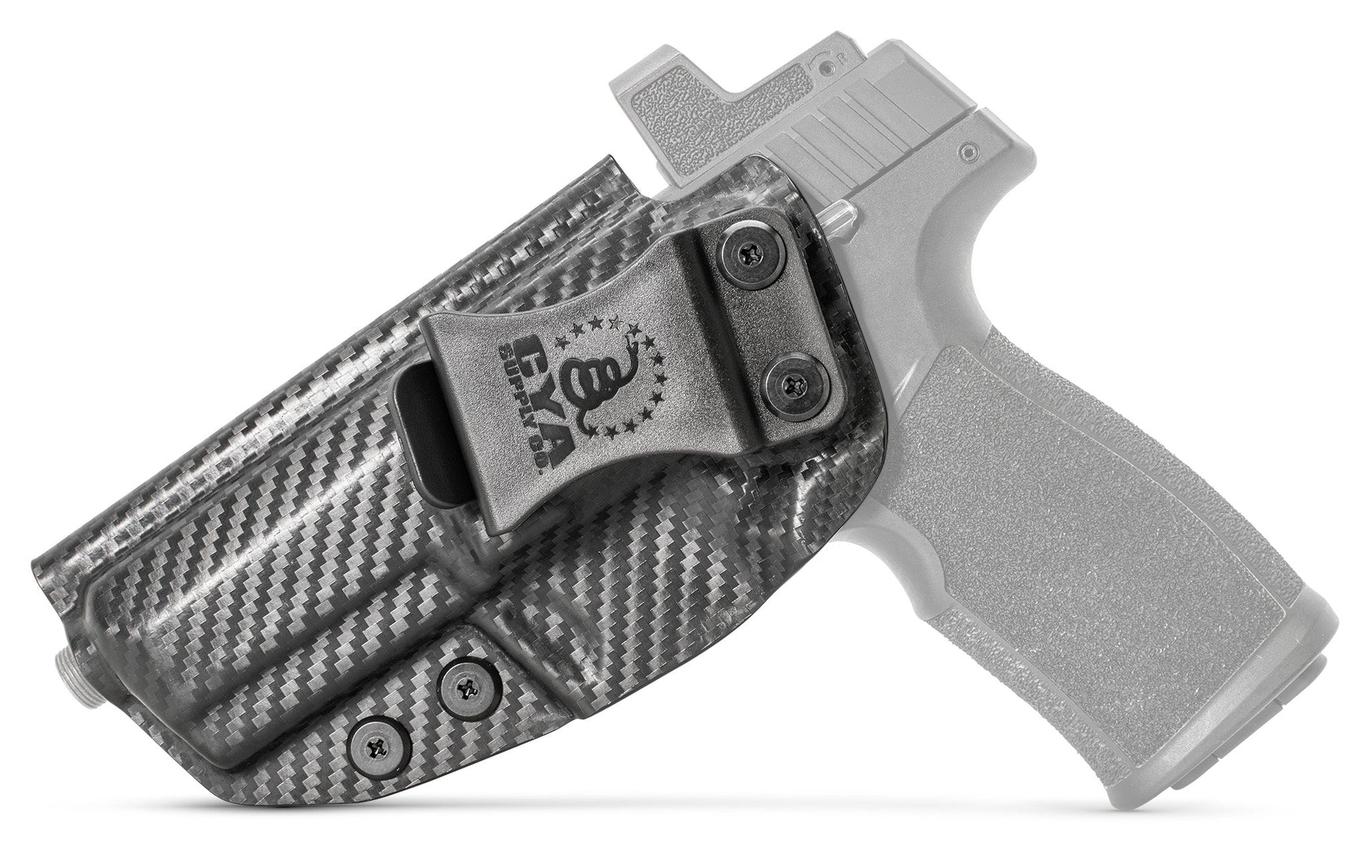 CYA XCarry Holster in carbon steel with a black clip on a black Sig Sauer P322 handgun