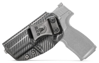 CYA XCarry Holster in carbon steel with a black clip on a black Sig Sauer P322 handgun