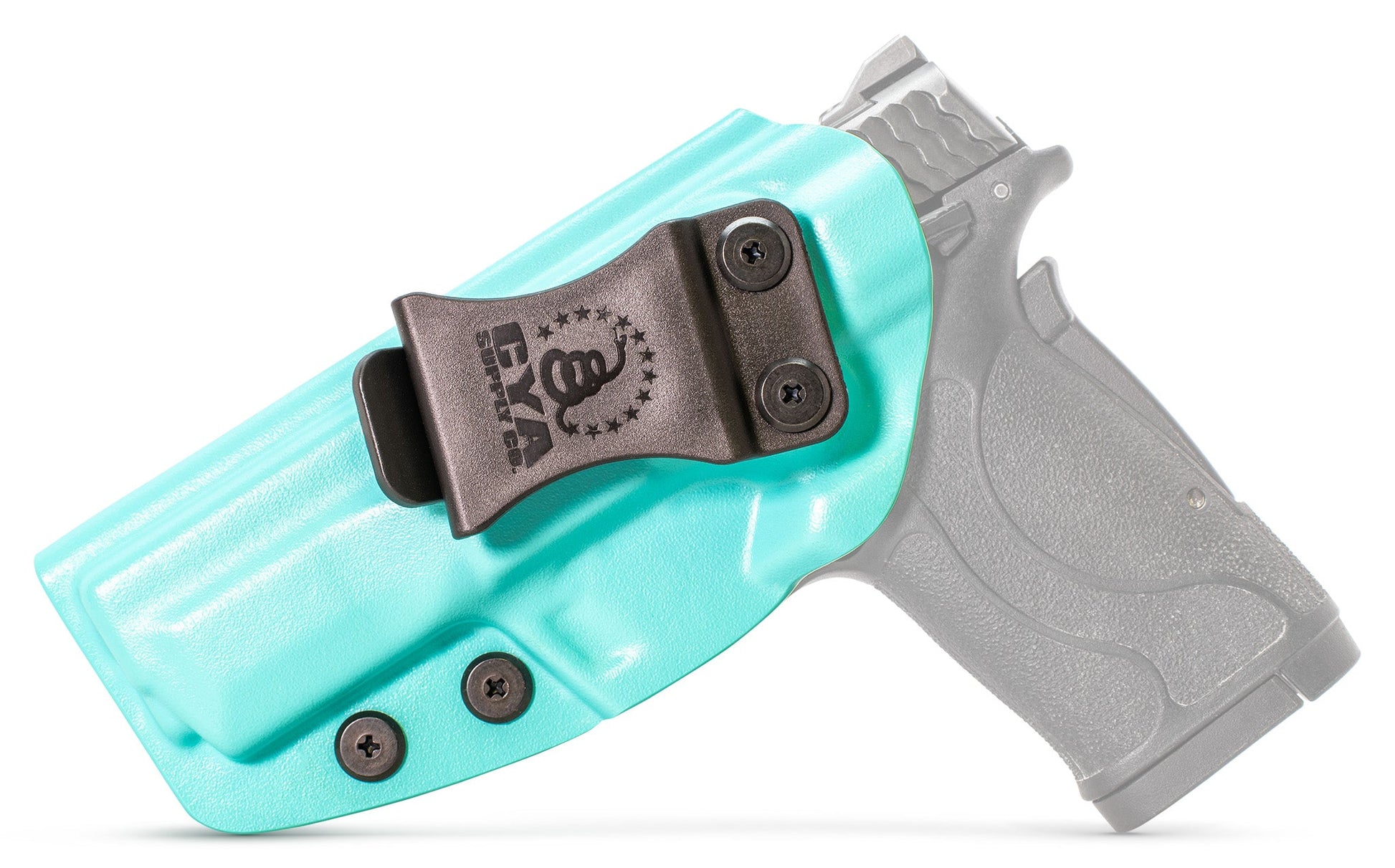 CYA base IWB Holster in teal blue with a black clip on a black Smith & Wesson MP 380 Shield EZ handgun