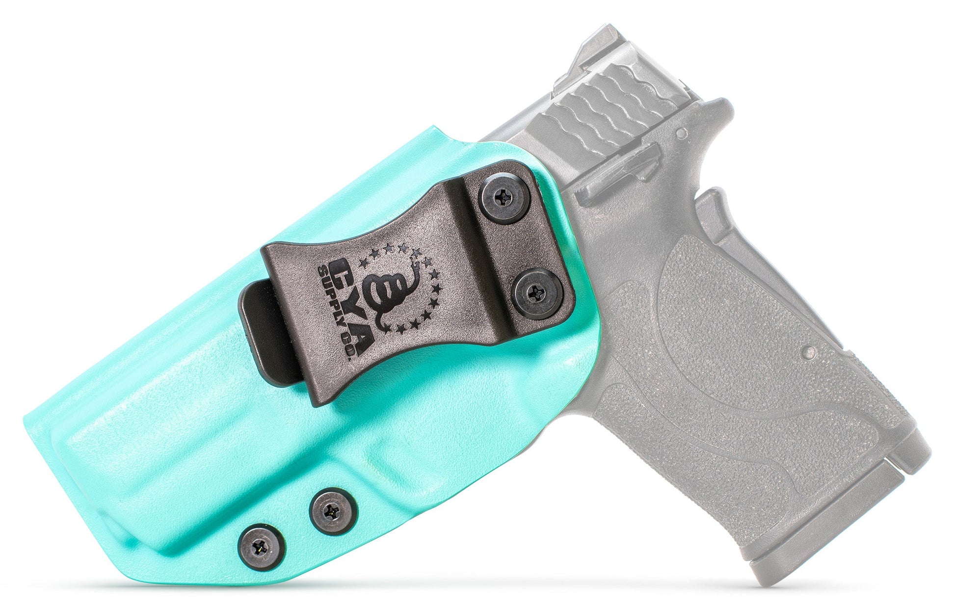 CYA base IWB Holster in teal blue with a black clip on a black Smith & Wesson MP Shield 9 handgun