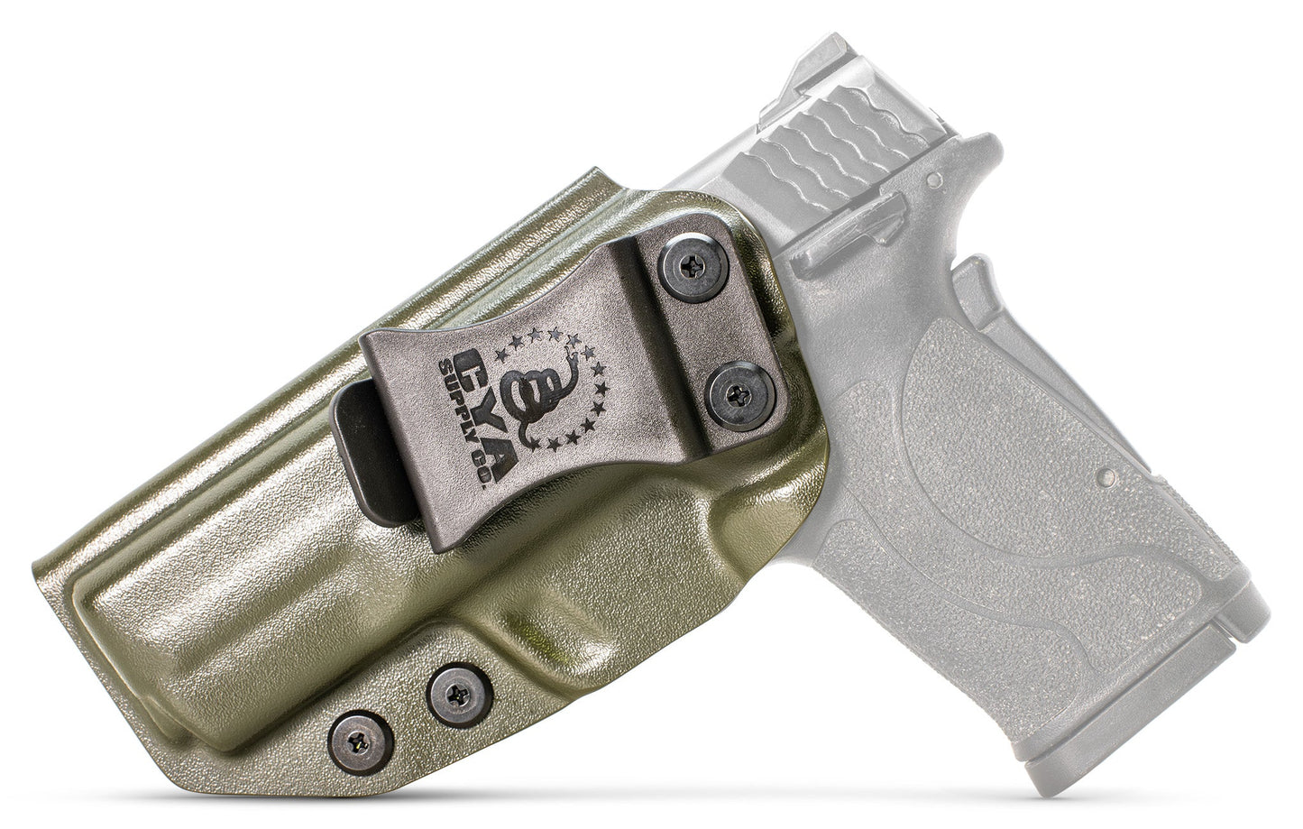CYA base IWB Holster in od green with a black clip on a black Smith & Wesson MP Shield EZ 30 handgun