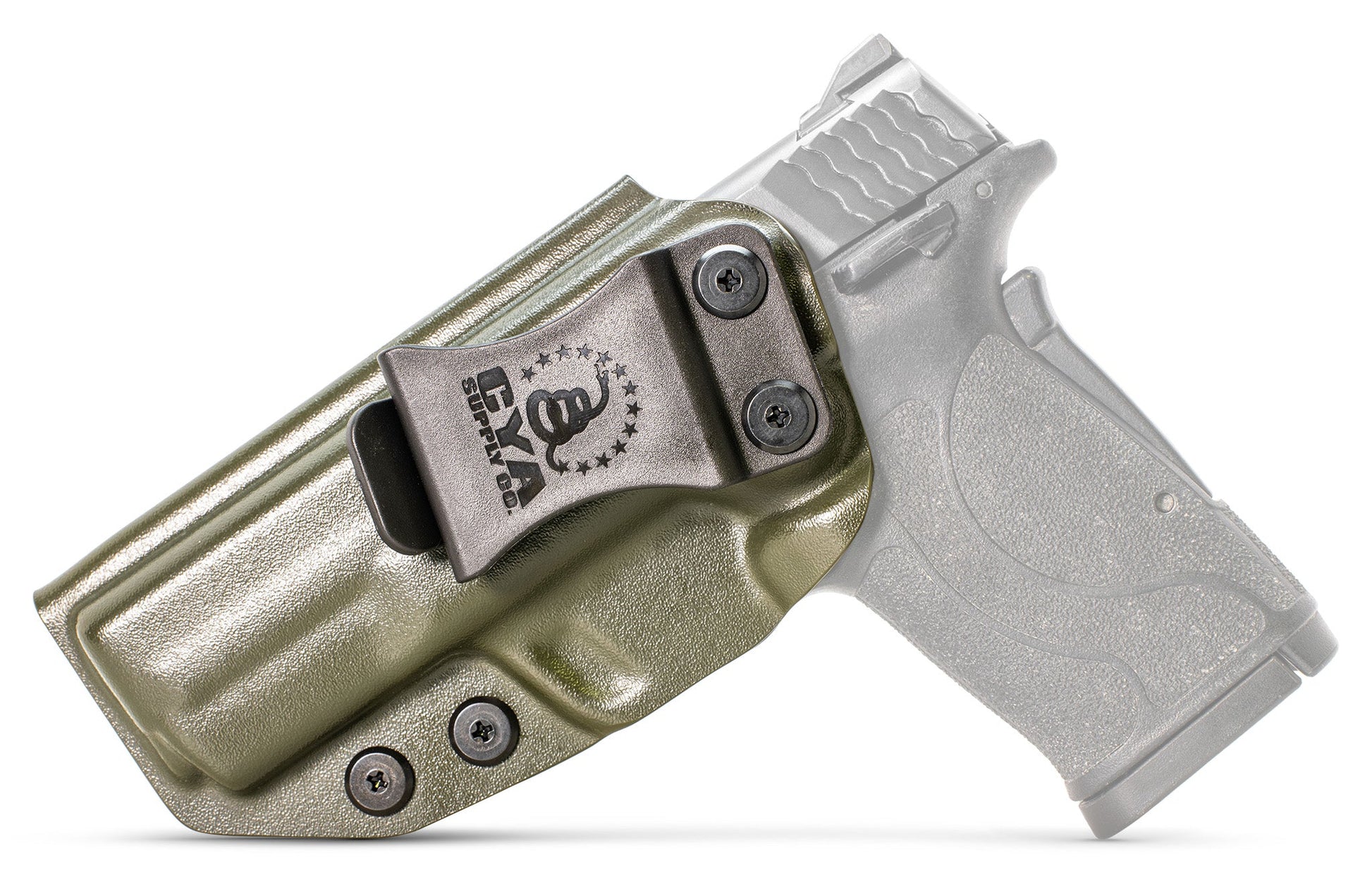 CYA base IWB Holster in od green with a black clip on a black Smith & Wesson MP Shield EZ 30 handgun