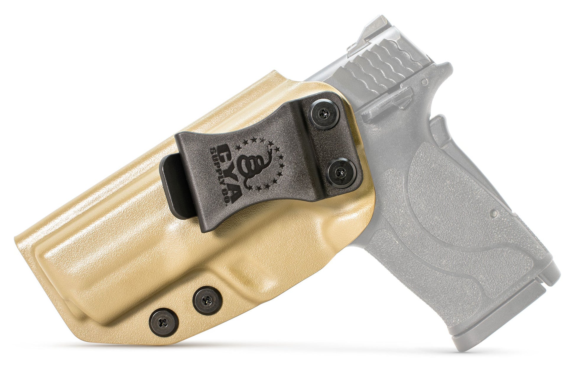 CYA base IWB Holster in flat dark earth with a black clip on a black Smith & Wesson MP Shield EZ 30 handgun