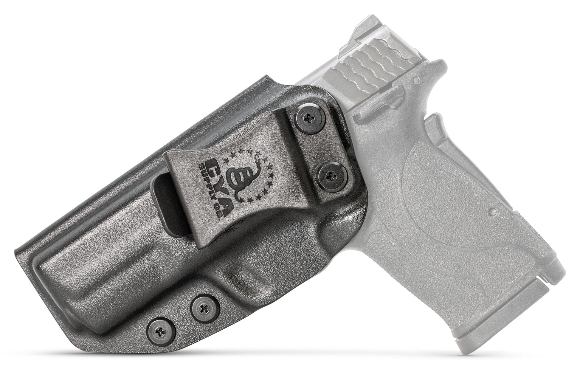 CYA base IWB Holster in black with a black clip on a black Smith & Wesson MP Shield EZ 30 handgun
