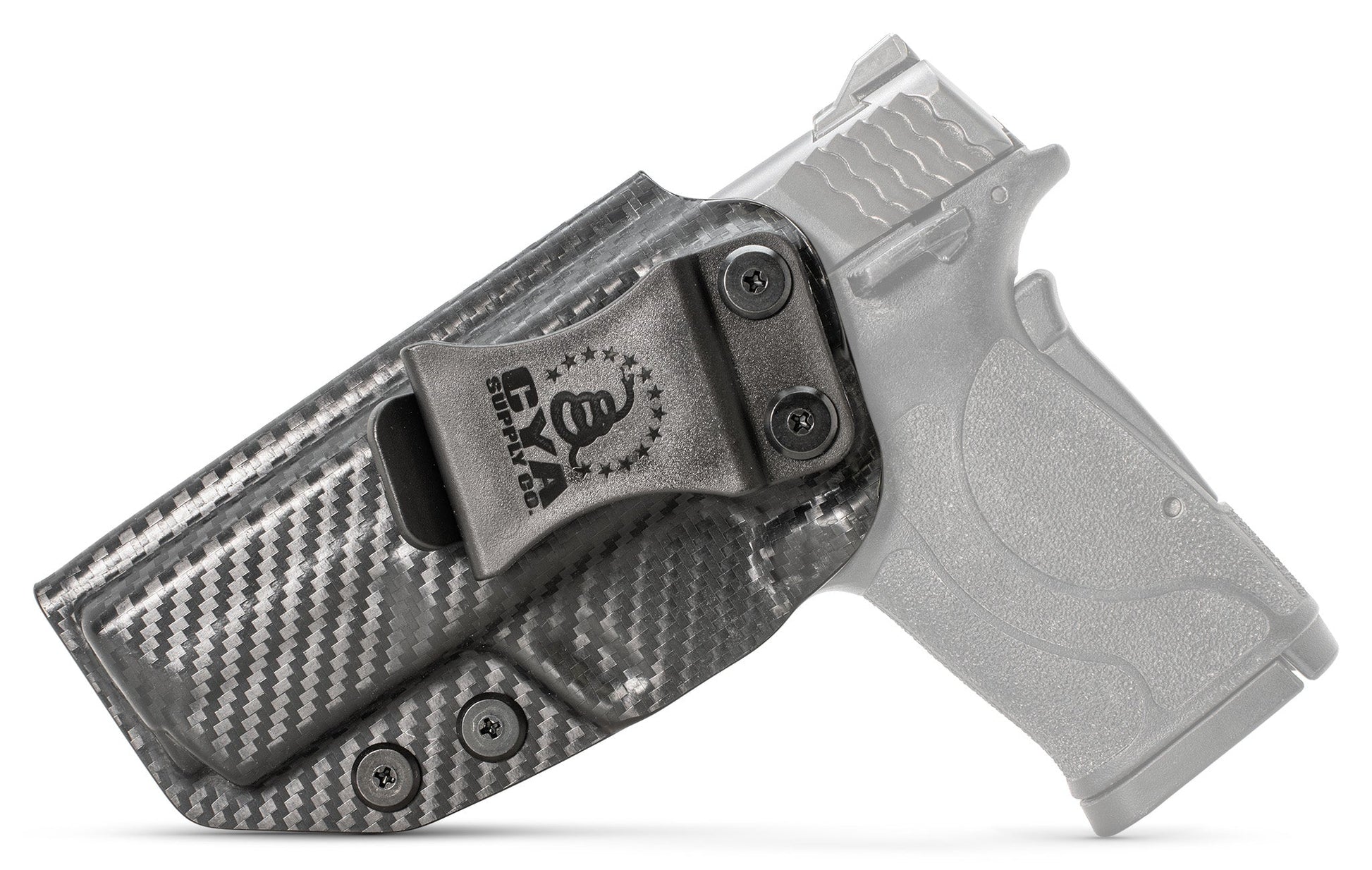 CYA base IWB Holster in carbon steel with a black clip on a black Smith & Wesson MP Shield EZ 30 handgun