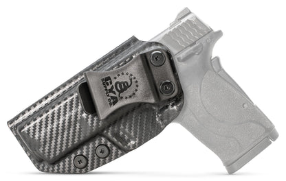 CYA base IWB Holster in carbon steel with a black clip on a black Smith & Wesson MP Shield EZ 30 handgun