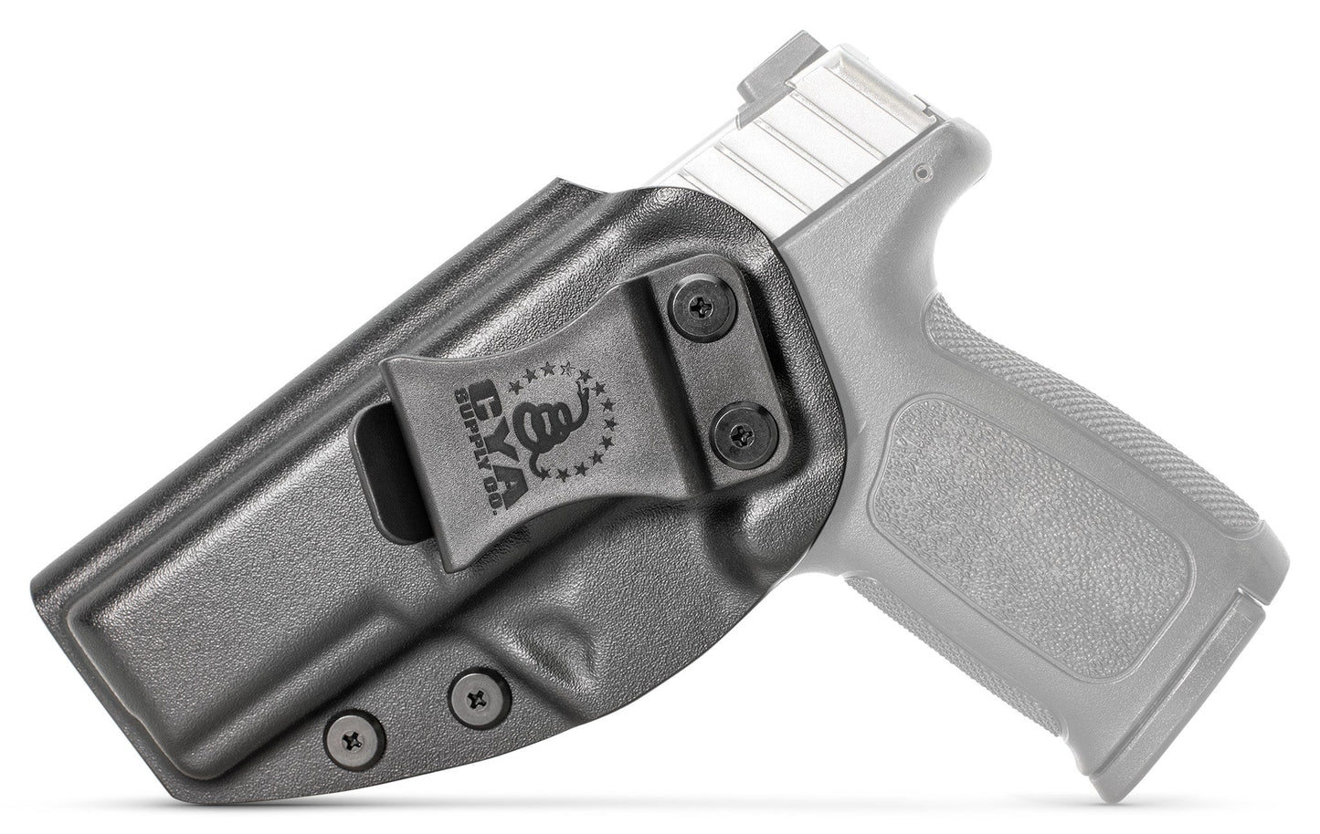 CYA base IWB Holster in od green with a black clip on a black Smith & Wesson SD40 VE handgun