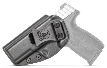 CYA base IWB Holster in od green with a black clip on a black Smith & Wesson SD40 VE handgun