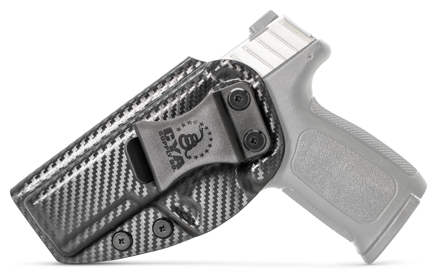 CYA base IWB Holster in carbon steel with a black clip on a black Smith & Wesson SD40 VE handgun