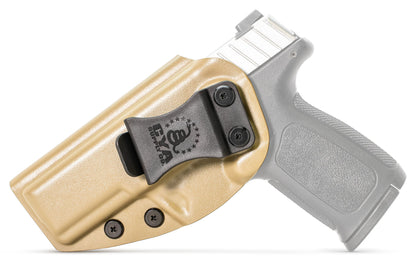 CYA base IWB Holster in flat dark earth with a black clip on a black Smith & Wesson SD40 VE handgun