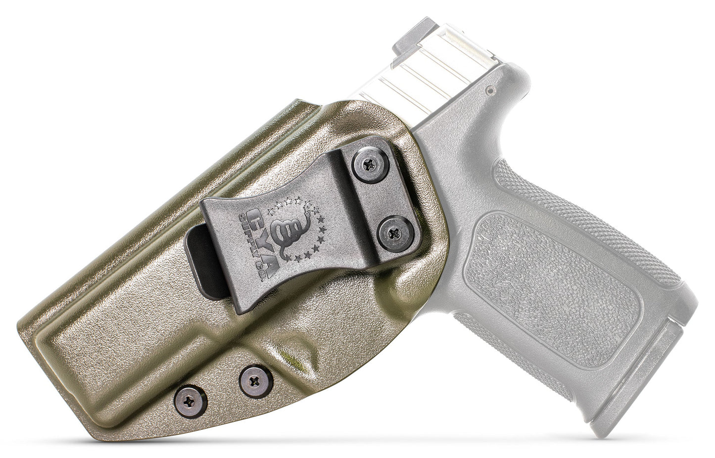 CYA base IWB Holster in od green with a black clip on a black Smith & Wesson SD40 VE handgun