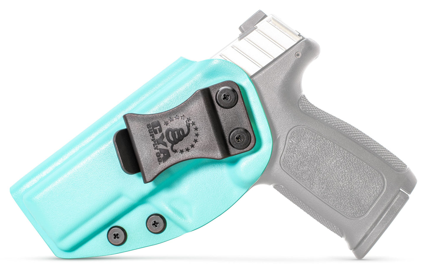 CYA base IWB Holster in teal blue with a black clip on a black Smith & Wesson SD40 VE handgun