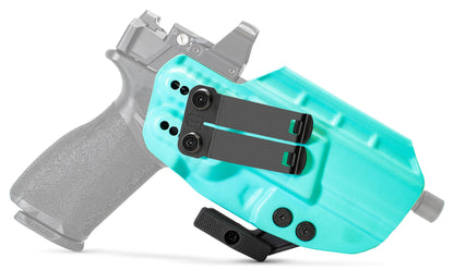 CYA PATH IWB Holster in teal blue with a black clip on a black springfield echelon handgun