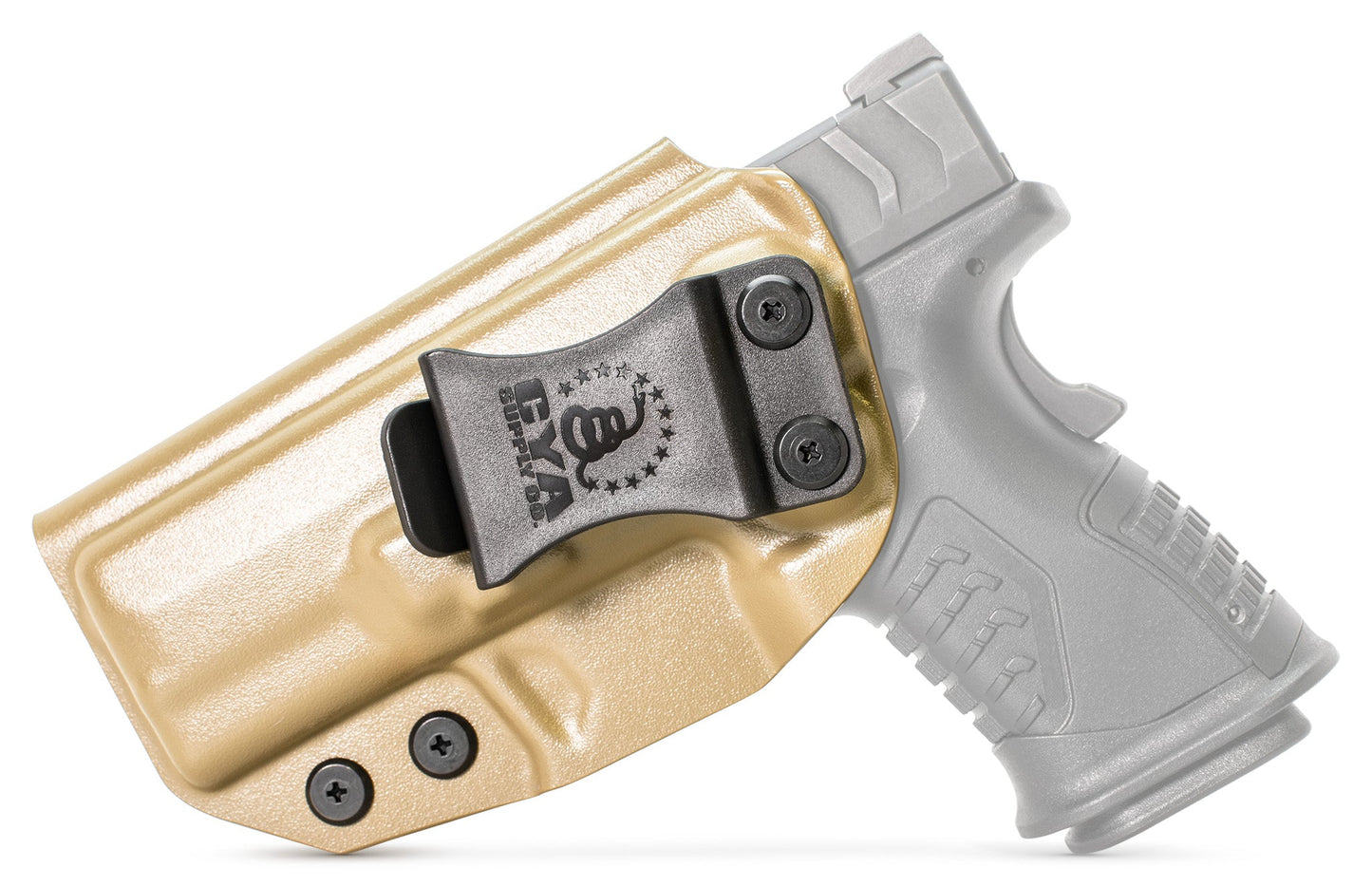 3.8" COMPACT OSP Holster in flat dark earth with a black clip on a black Springfield XD-M ELITE handgun