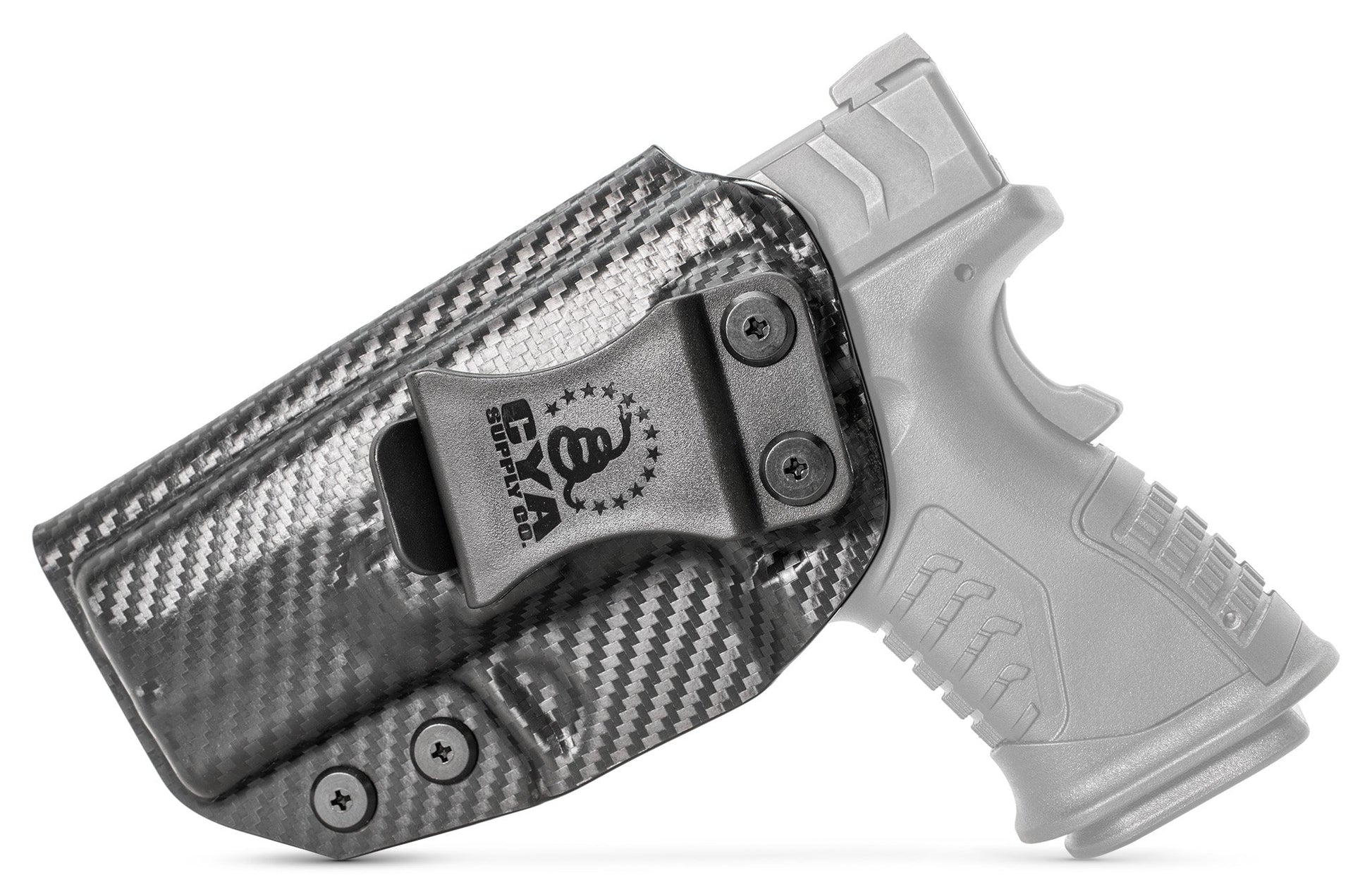 3.8" COMPACT OSP Holster in carbon steel with a black clip on a black Springfield XD-M ELITE  handgun