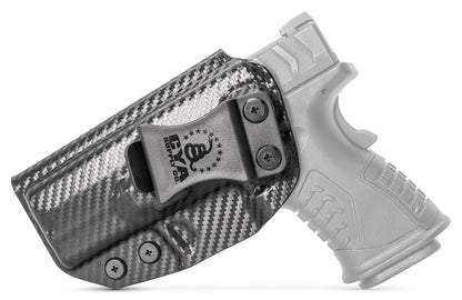 3.8" COMPACT OSP Holster in carbon steel with a black clip on a black Springfield XD-M ELITE  handgun